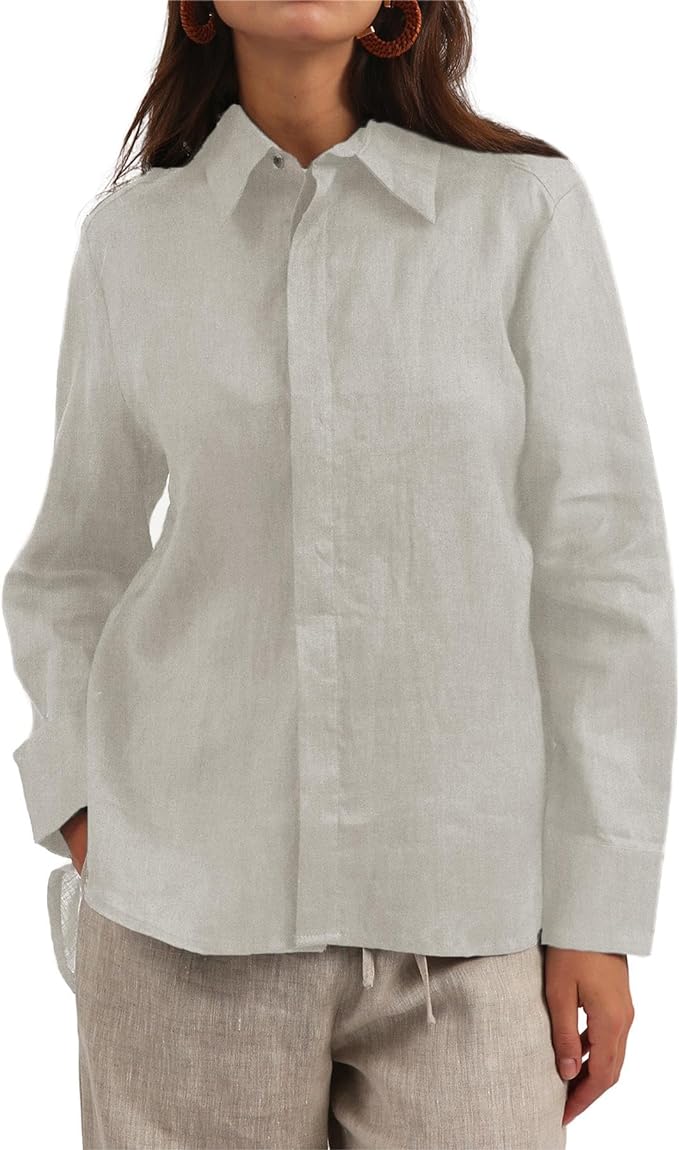 100% Linen Blouse for Women High Low Long Sleeve Button Down Shirt